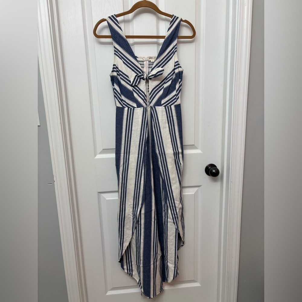 Blue Linen-Blend Striped Wide Leg Jumpsuit | Taylor & Sage S - Picture 11 of 11
